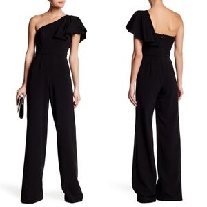 JAYGODFREY Hamilton‎ One Shoulder Ruffle Black Wide Leg Classic Jumpsuit Size 4